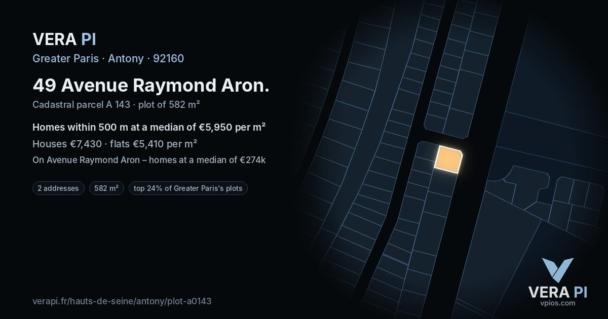 49 Avenue Raymond Aron, Antony at night – the plot lit, the parcels around coloured by the prices near them