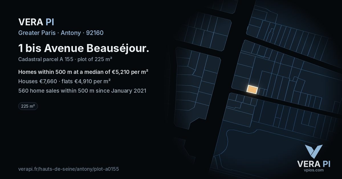 1 bis Avenue Beauséjour, Antony at night – the plot lit, the parcels around coloured by the prices near them