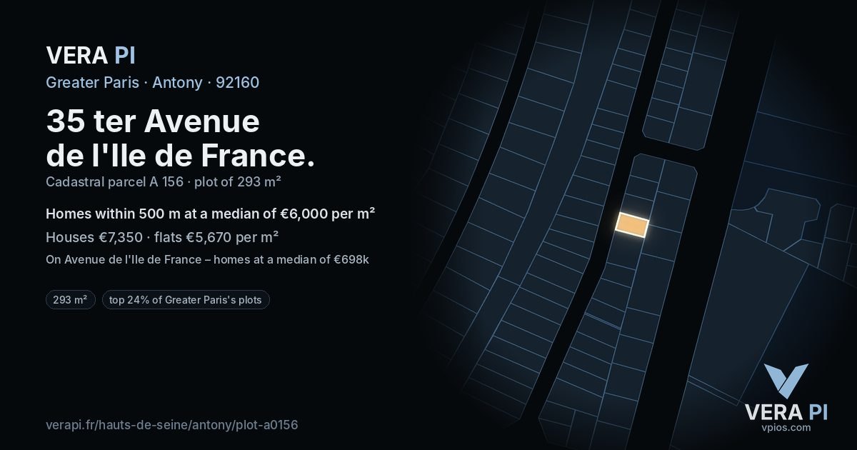 35 ter Avenue de l'Ile de France, Antony at night – the plot lit, the parcels around coloured by the prices near them
