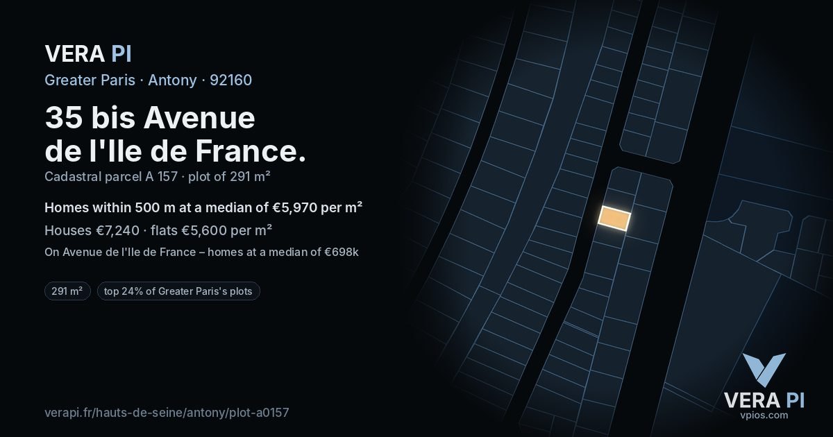 35 bis Avenue de l'Ile de France, Antony at night – the plot lit, the parcels around coloured by the prices near them