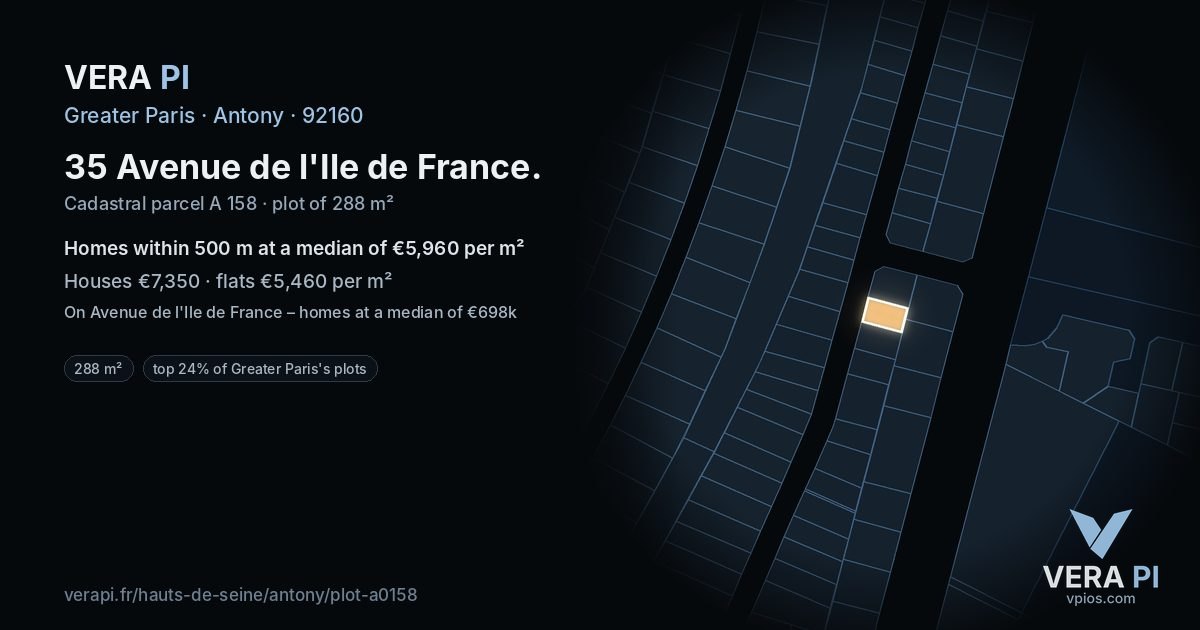 35 Avenue de l'Ile de France, Antony at night – the plot lit, the parcels around coloured by the prices near them