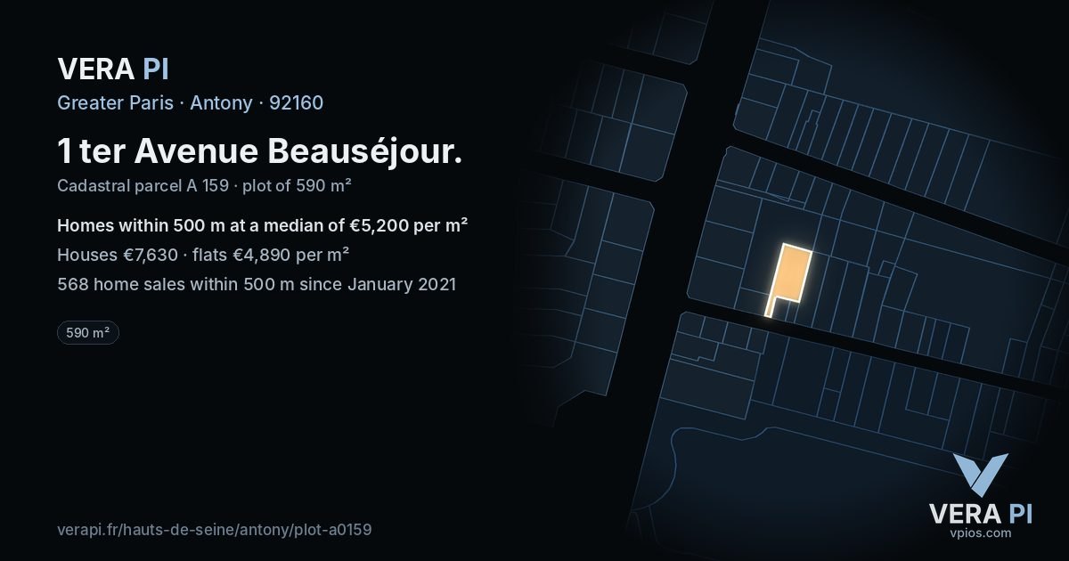 1 ter Avenue Beauséjour, Antony at night – the plot lit, the parcels around coloured by the prices near them
