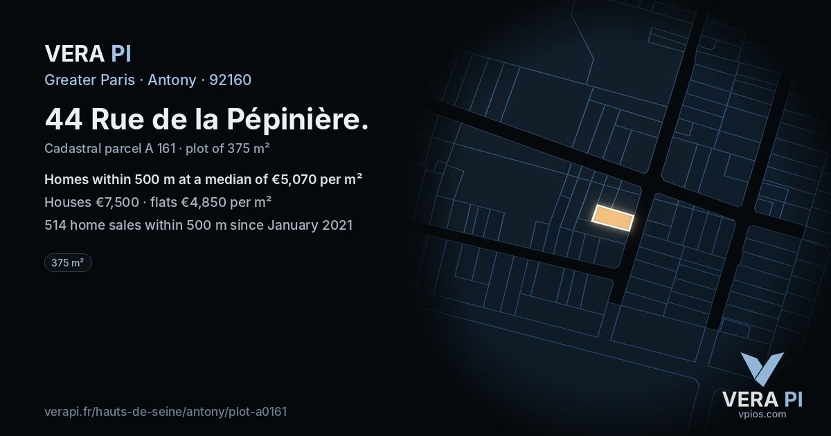 44 Rue de la Pépinière, Antony at night – the plot lit, the parcels around coloured by the prices near them