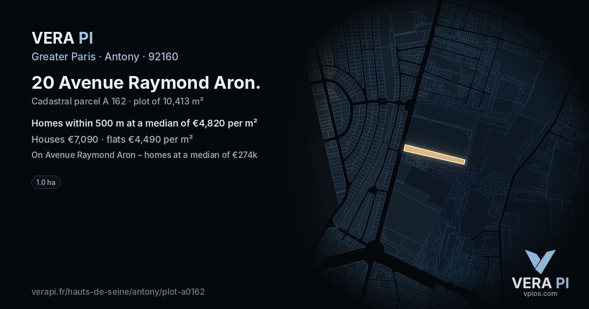 20 Avenue Raymond Aron, Antony at night – the plot lit, the parcels around coloured by the prices near them