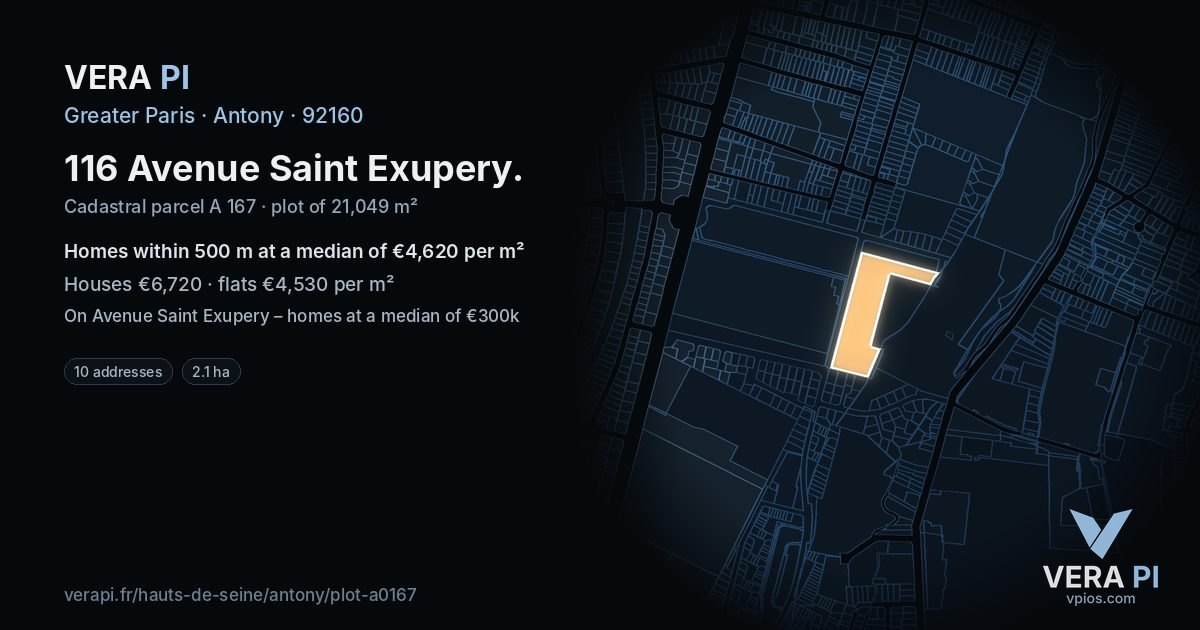 116 Avenue Saint Exupery, Antony at night – the plot lit, the parcels around coloured by the prices near them