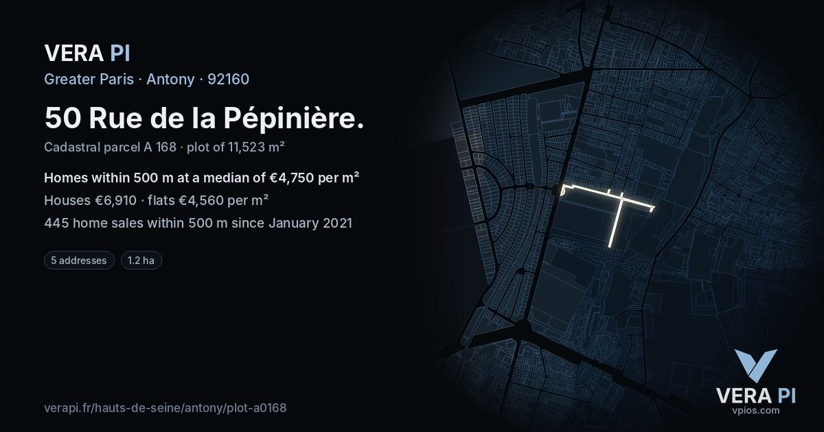 50 Rue de la Pépinière, Antony at night – the plot lit, the parcels around coloured by the prices near them