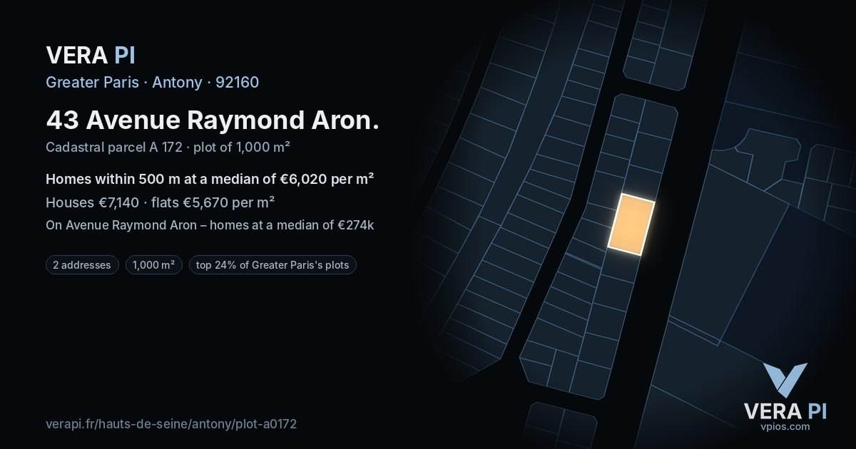 43 Avenue Raymond Aron, Antony at night – the plot lit, the parcels around coloured by the prices near them