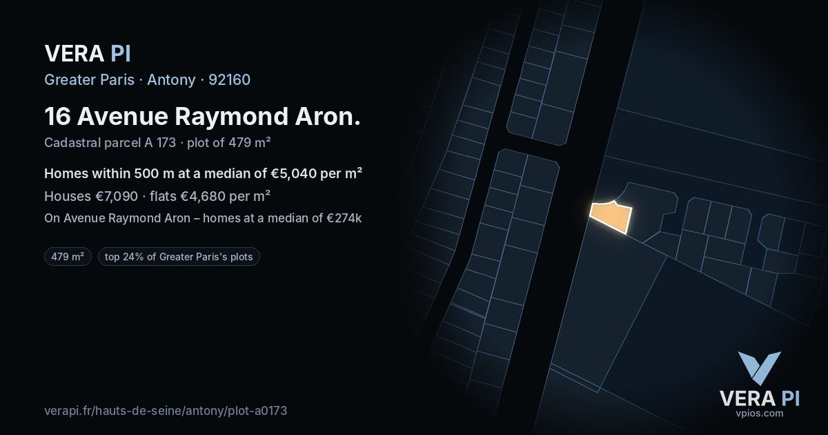 16 Avenue Raymond Aron, Antony at night – the plot lit, the parcels around coloured by the prices near them