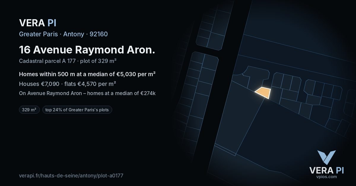 16 Avenue Raymond Aron, Antony at night – the plot lit, the parcels around coloured by the prices near them