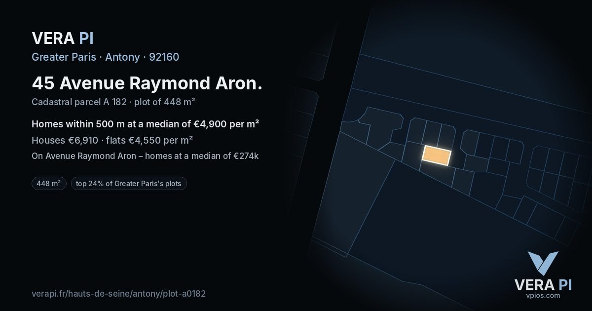 45 Avenue Raymond Aron, Antony at night – the plot lit, the parcels around coloured by the prices near them