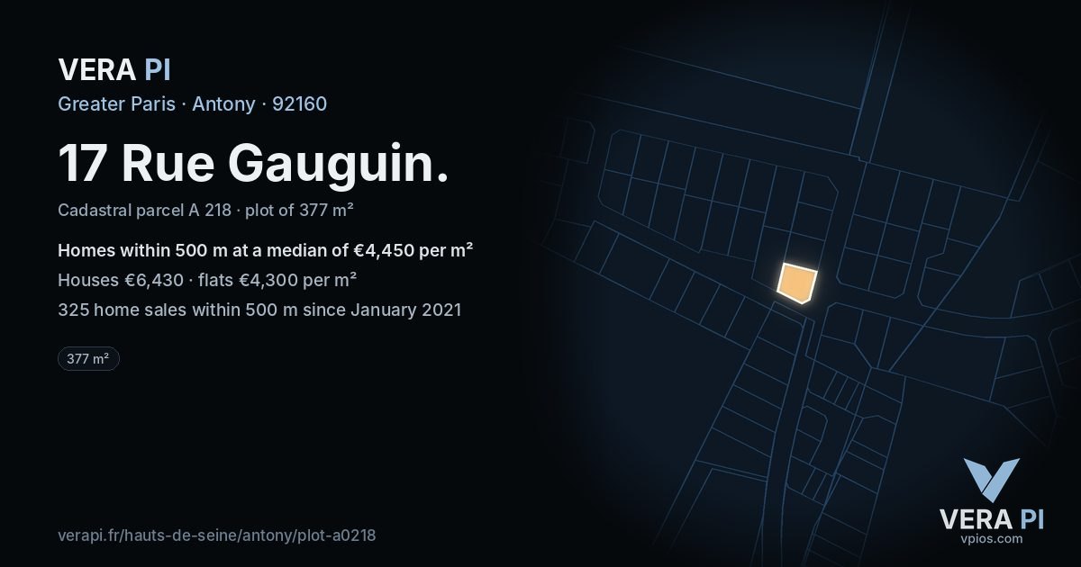 17 Rue Gauguin, Antony at night – the plot lit, the parcels around coloured by the prices near them