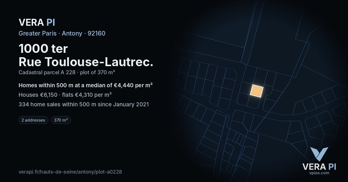 1000 ter Rue Toulouse-Lautrec, Antony at night – the plot lit, the parcels around coloured by the prices near them