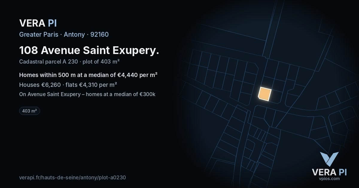 108 Avenue Saint Exupery, Antony at night – the plot lit, the parcels around coloured by the prices near them