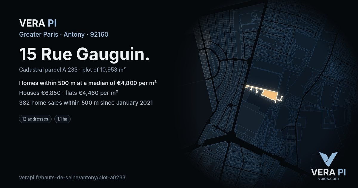 15 Rue Gauguin, Antony at night – the plot lit, the parcels around coloured by the prices near them