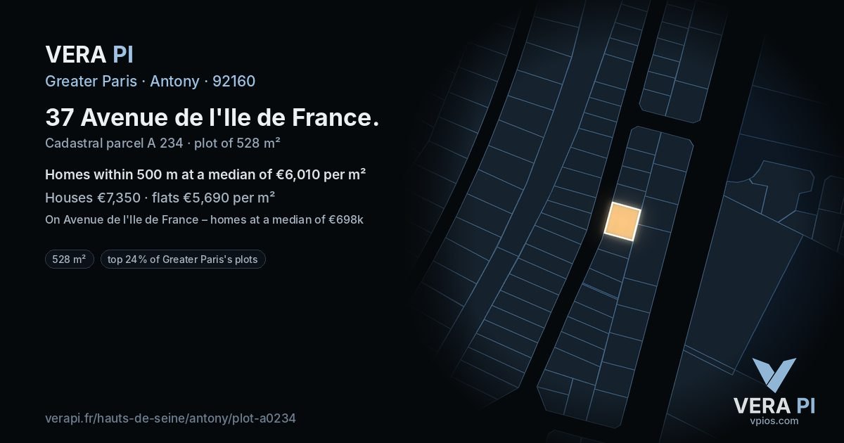 37 Avenue de l'Ile de France, Antony at night – the plot lit, the parcels around coloured by the prices near them