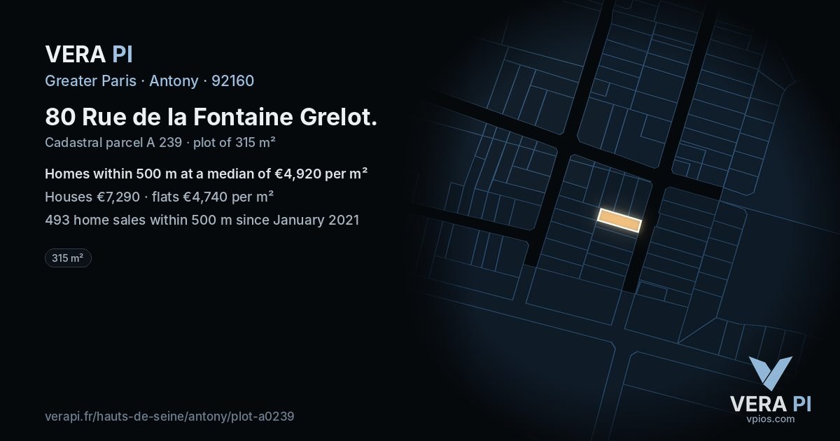 80 Rue de la Fontaine Grelot, Antony at night – the plot lit, the parcels around coloured by the prices near them