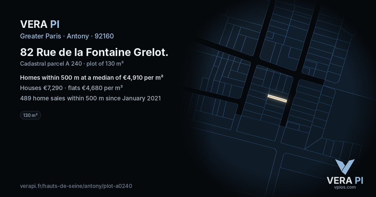 82 Rue de la Fontaine Grelot, Antony at night – the plot lit, the parcels around coloured by the prices near them
