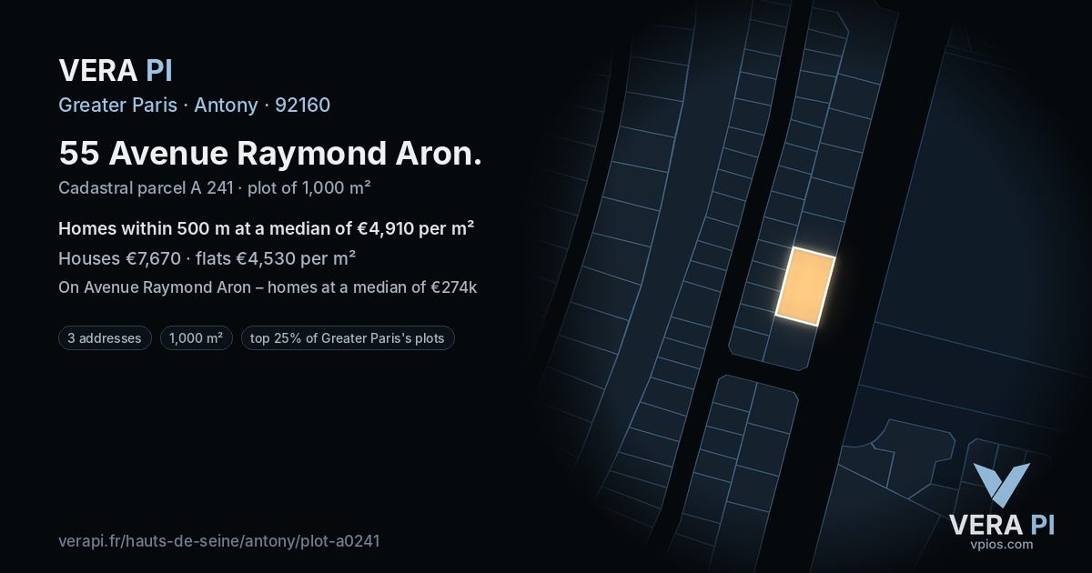 55 Avenue Raymond Aron, Antony at night – the plot lit, the parcels around coloured by the prices near them