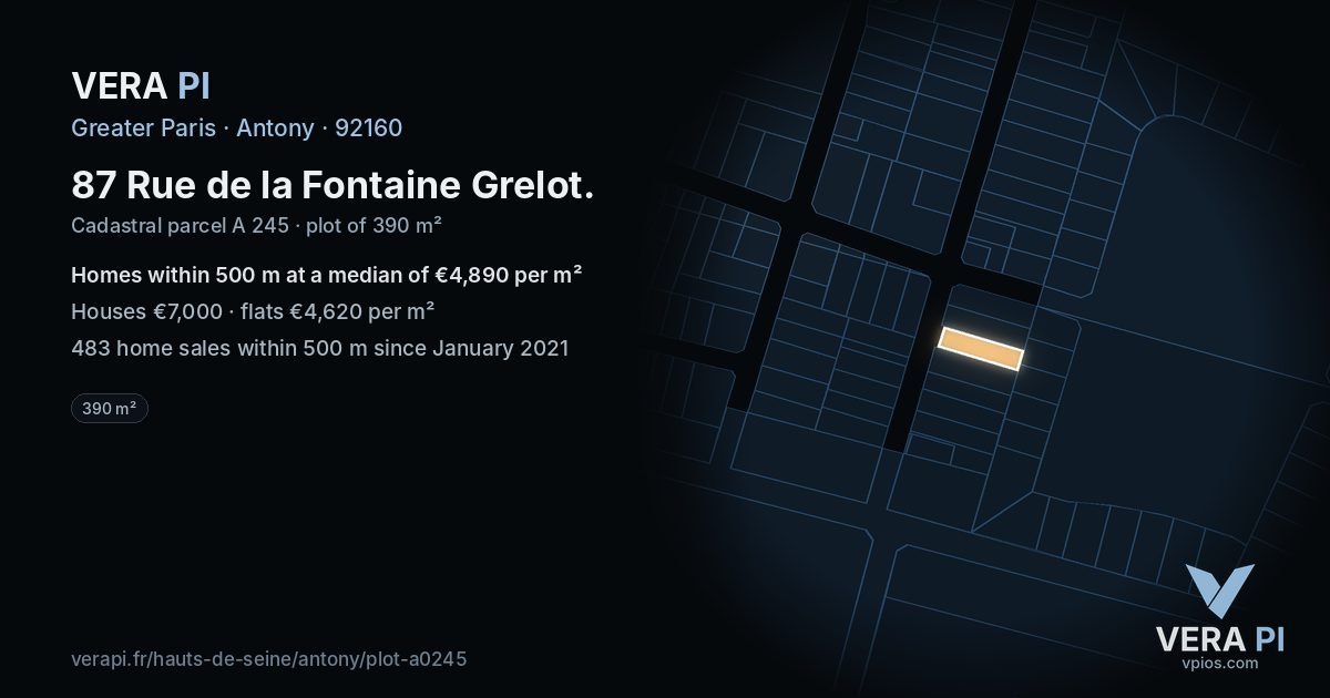 87 Rue de la Fontaine Grelot, Antony at night – the plot lit, the parcels around coloured by the prices near them