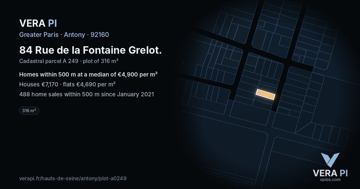 84 Rue de la Fontaine Grelot, Antony at night – the plot lit, the parcels around coloured by the prices near them