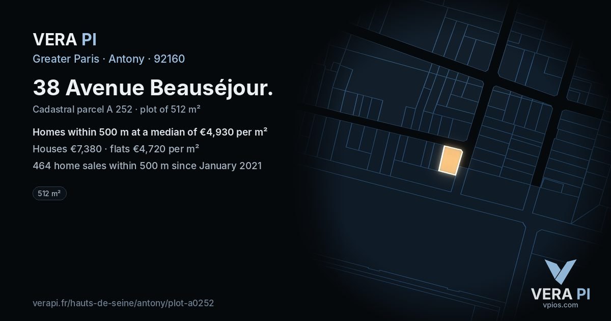 38 Avenue Beauséjour, Antony at night – the plot lit, the parcels around coloured by the prices near them