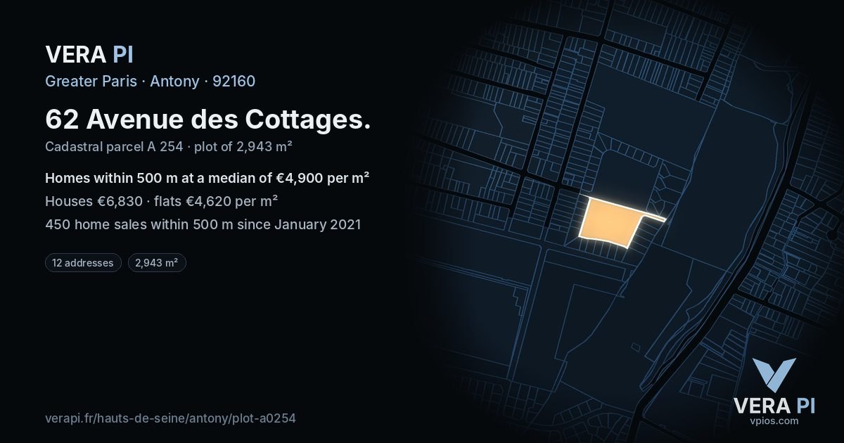 62 Avenue des Cottages, Antony at night – the plot lit, the parcels around coloured by the prices near them