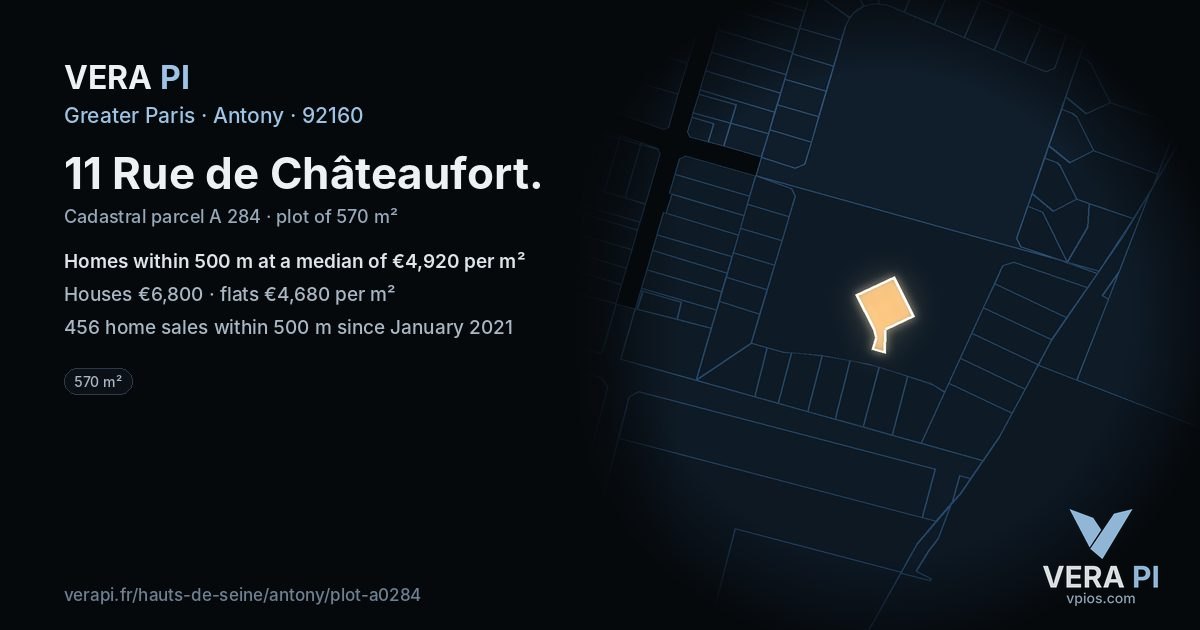 11 Rue de Châteaufort, Antony at night – the plot lit, the parcels around coloured by the prices near them