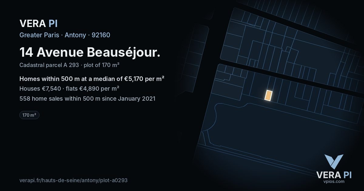 14 Avenue Beauséjour, Antony at night – the plot lit, the parcels around coloured by the prices near them