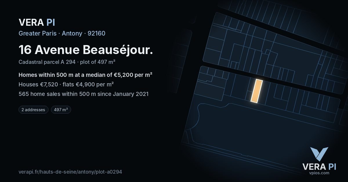 16 Avenue Beauséjour, Antony at night – the plot lit, the parcels around coloured by the prices near them