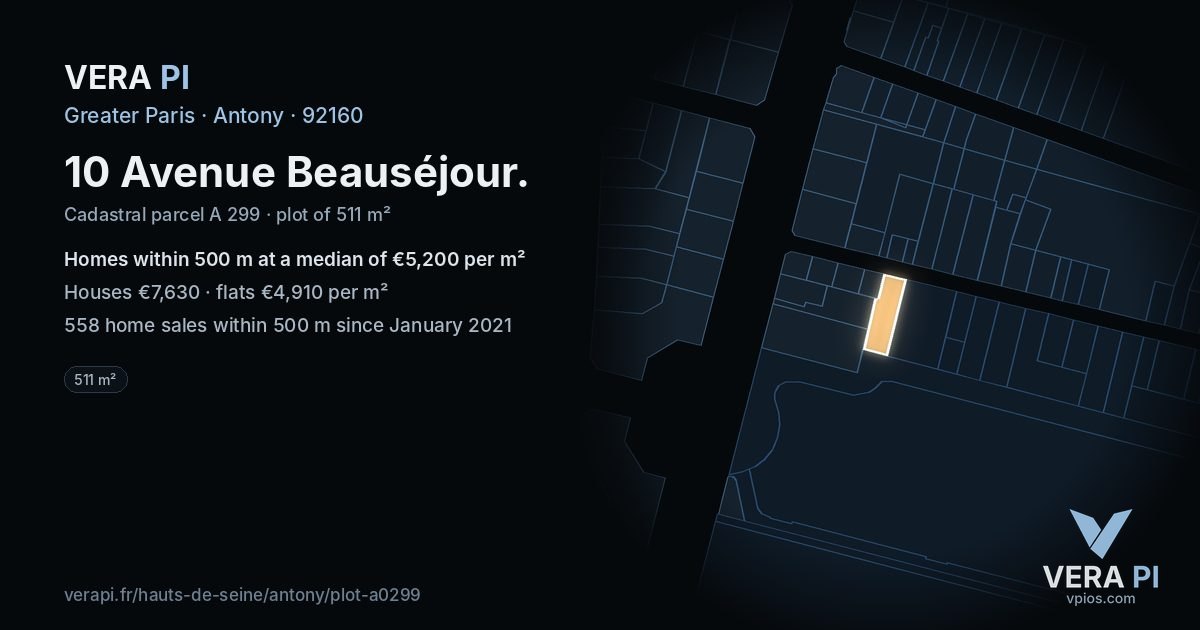 10 Avenue Beauséjour, Antony at night – the plot lit, the parcels around coloured by the prices near them