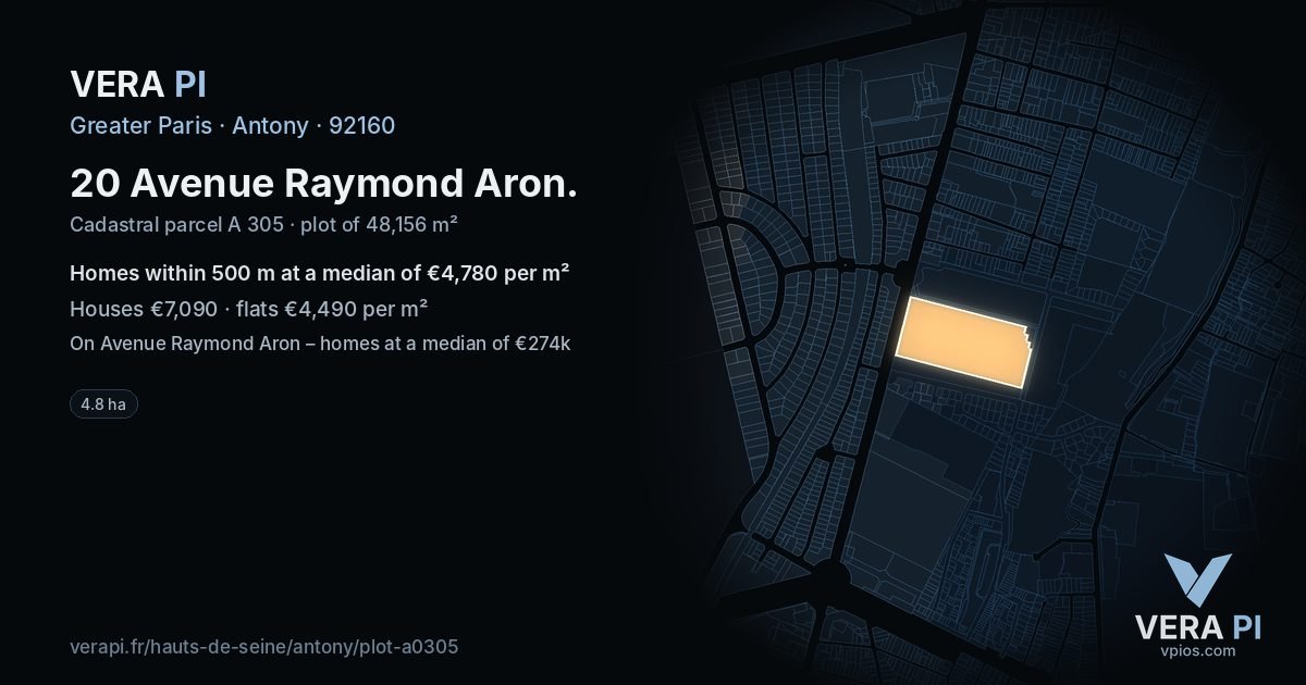 20 Avenue Raymond Aron, Antony at night – the plot lit, the parcels around coloured by the prices near them