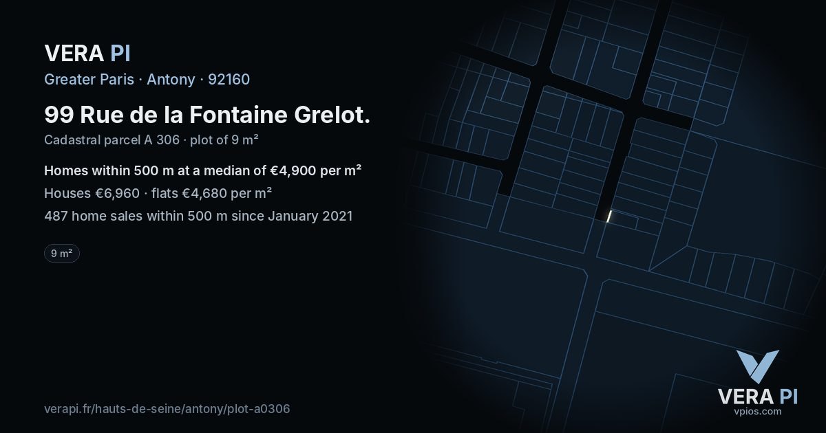 99 Rue de la Fontaine Grelot, Antony at night – the plot lit, the parcels around coloured by the prices near them