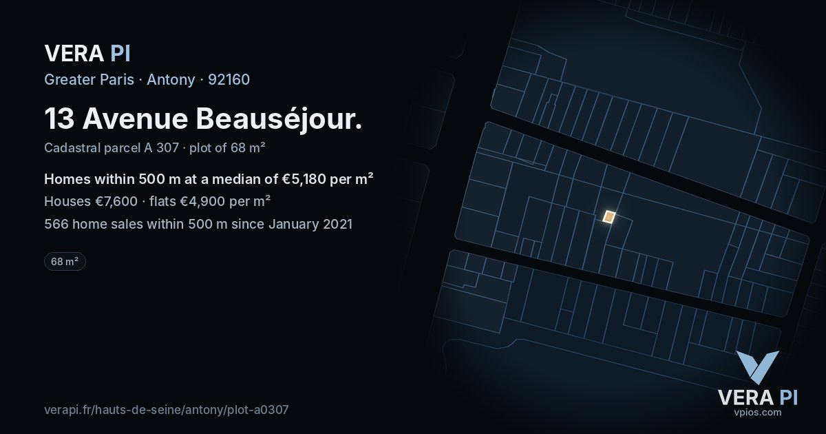 13 Avenue Beauséjour, Antony at night – the plot lit, the parcels around coloured by the prices near them