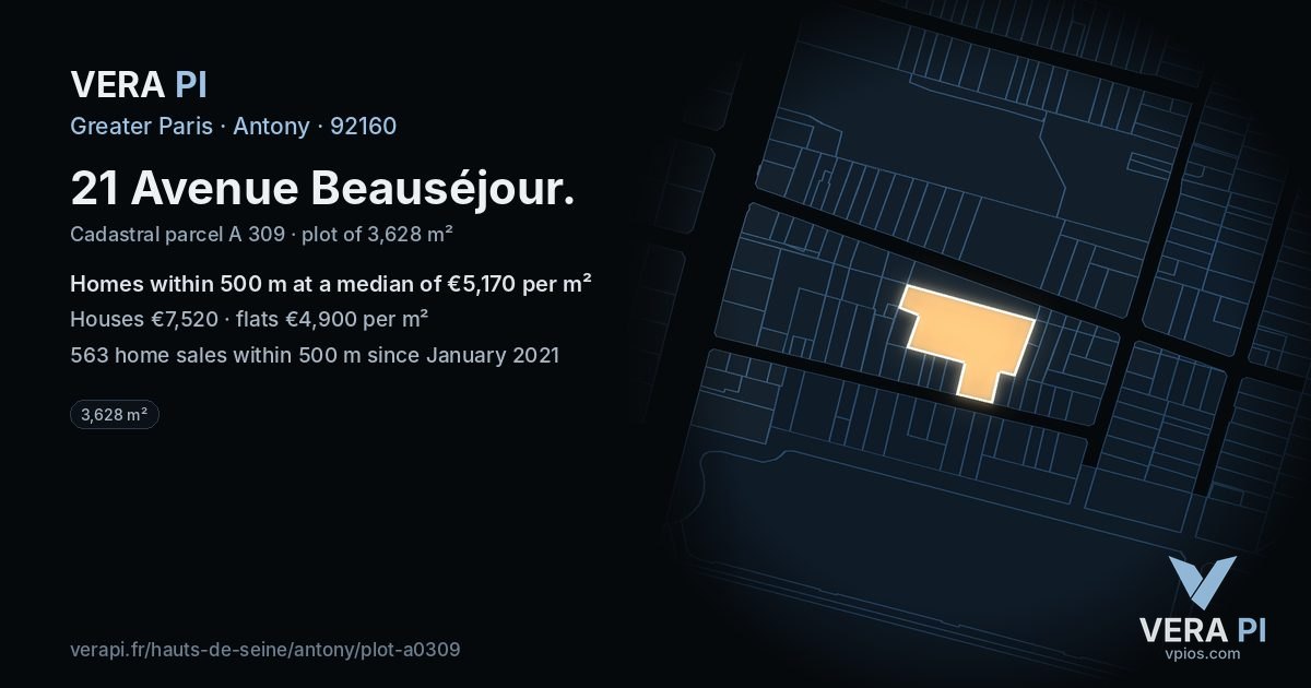 21 Avenue Beauséjour, Antony at night – the plot lit, the parcels around coloured by the prices near them