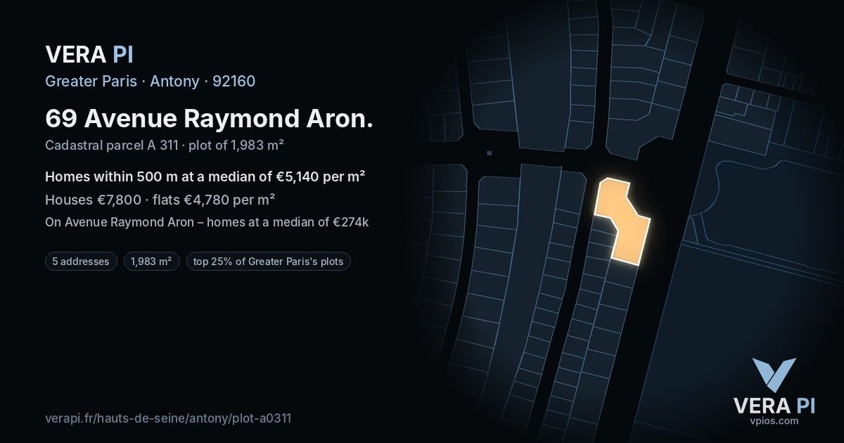 69 Avenue Raymond Aron, Antony at night – the plot lit, the parcels around coloured by the prices near them