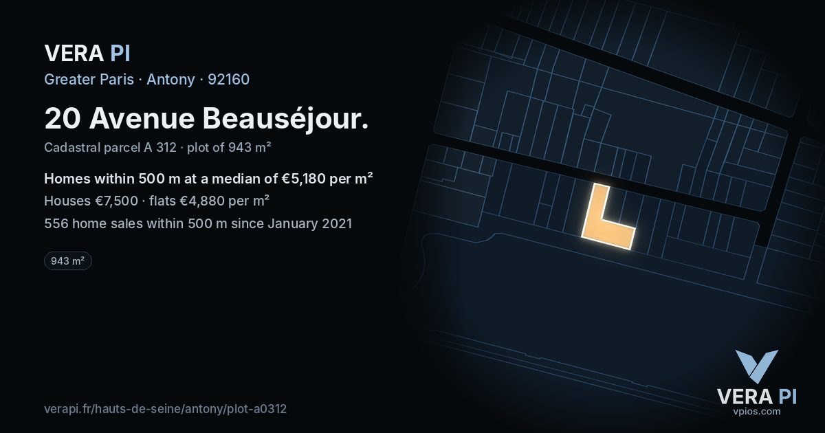 20 Avenue Beauséjour, Antony at night – the plot lit, the parcels around coloured by the prices near them