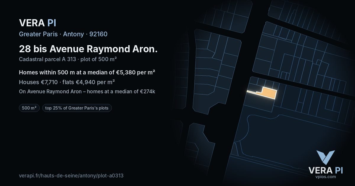 28 bis Avenue Raymond Aron, Antony at night – the plot lit, the parcels around coloured by the prices near them
