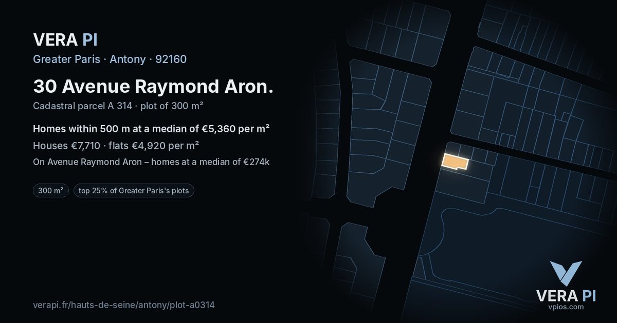 30 Avenue Raymond Aron, Antony at night – the plot lit, the parcels around coloured by the prices near them