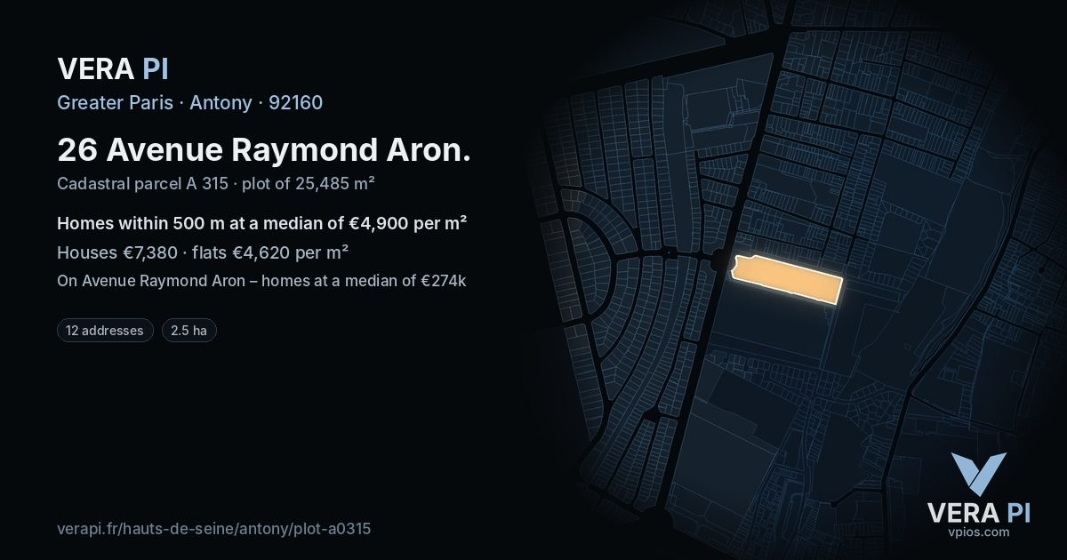 26 Avenue Raymond Aron, Antony at night – the plot lit, the parcels around coloured by the prices near them