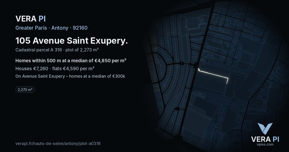 105 Avenue Saint Exupery, Antony at night – the plot lit, the parcels around coloured by the prices near them
