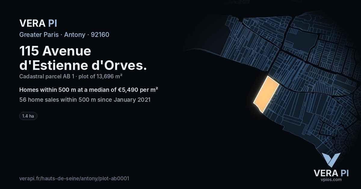 115 Avenue d'Estienne d'Orves, Antony at night – the plot lit, the parcels around coloured by the prices near them