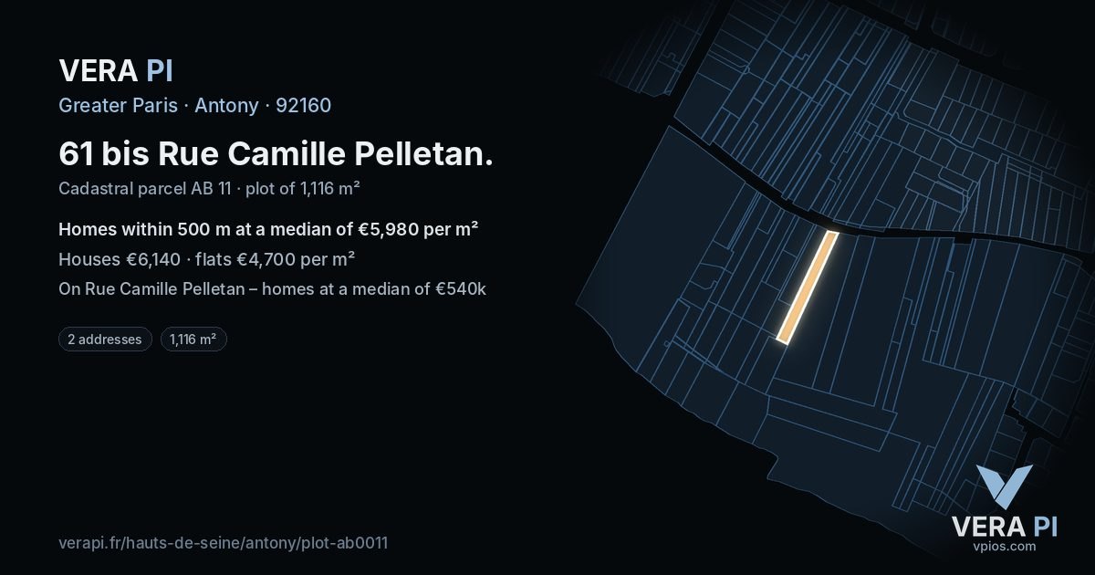 61 bis Rue Camille Pelletan, Antony at night – the plot lit, the parcels around coloured by the prices near them