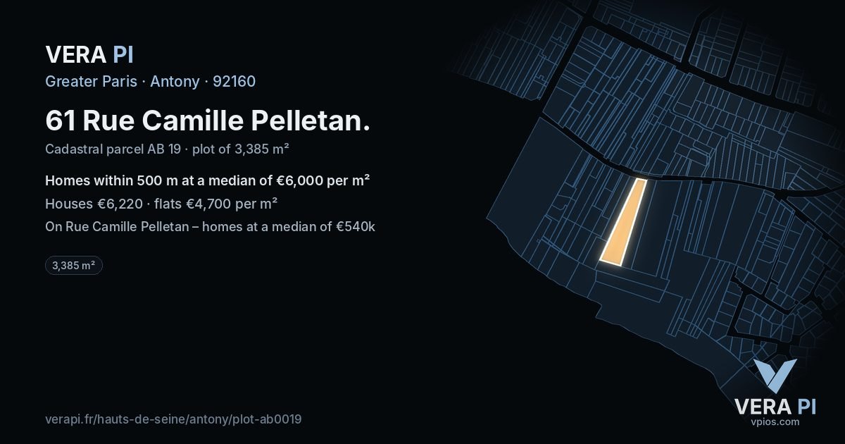 61 Rue Camille Pelletan, Antony at night – the plot lit, the parcels around coloured by the prices near them