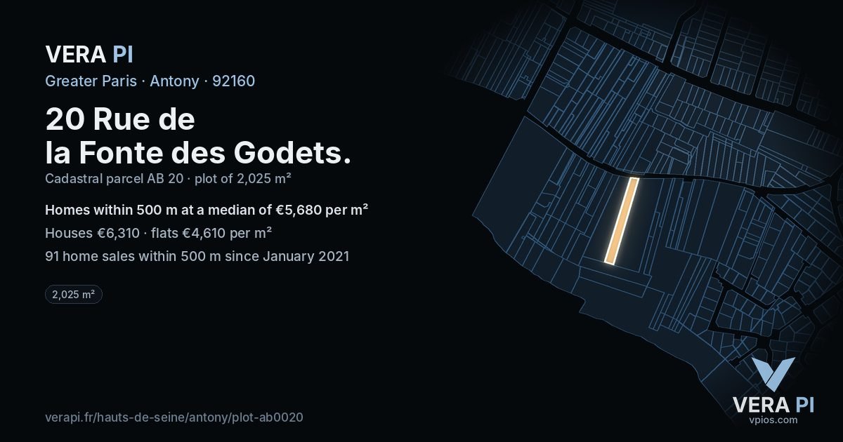 20 Rue de la Fonte des Godets, Antony at night – the plot lit, the parcels around coloured by the prices near them