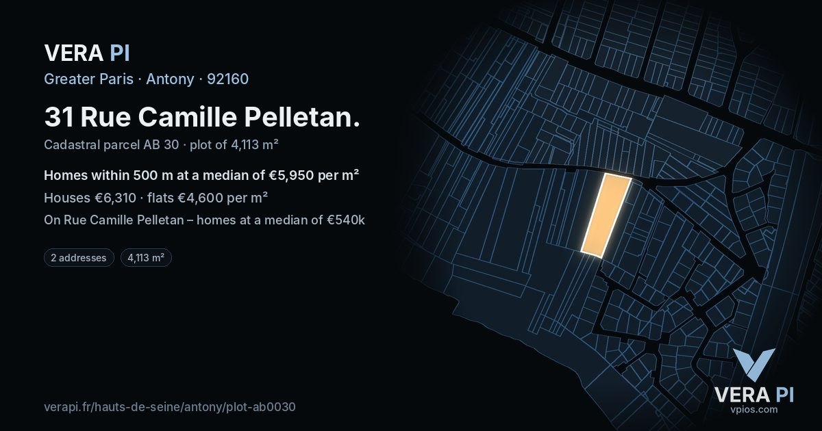 31 Rue Camille Pelletan, Antony at night – the plot lit, the parcels around coloured by the prices near them