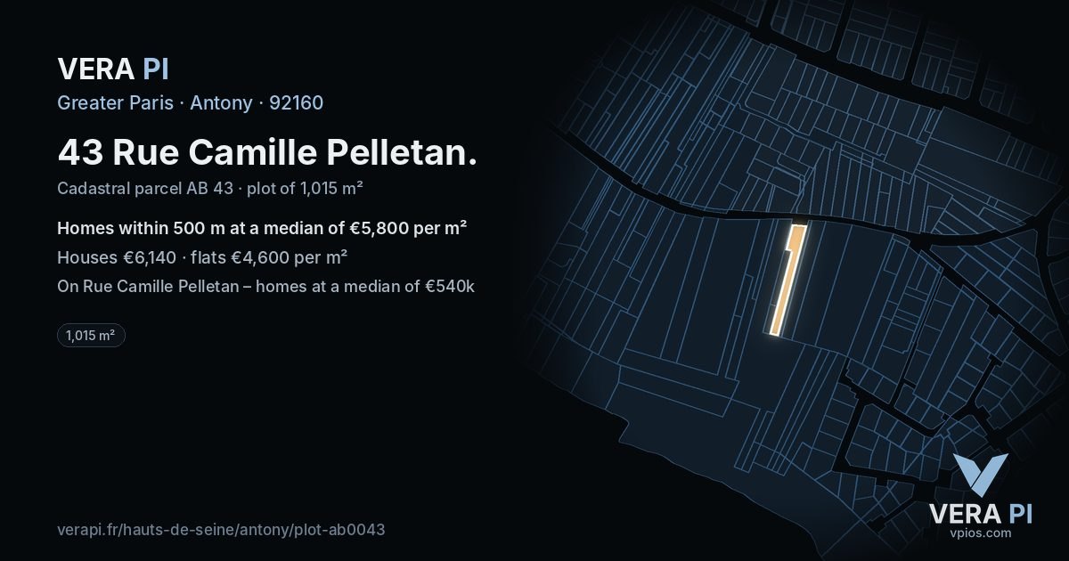 43 Rue Camille Pelletan, Antony at night – the plot lit, the parcels around coloured by the prices near them