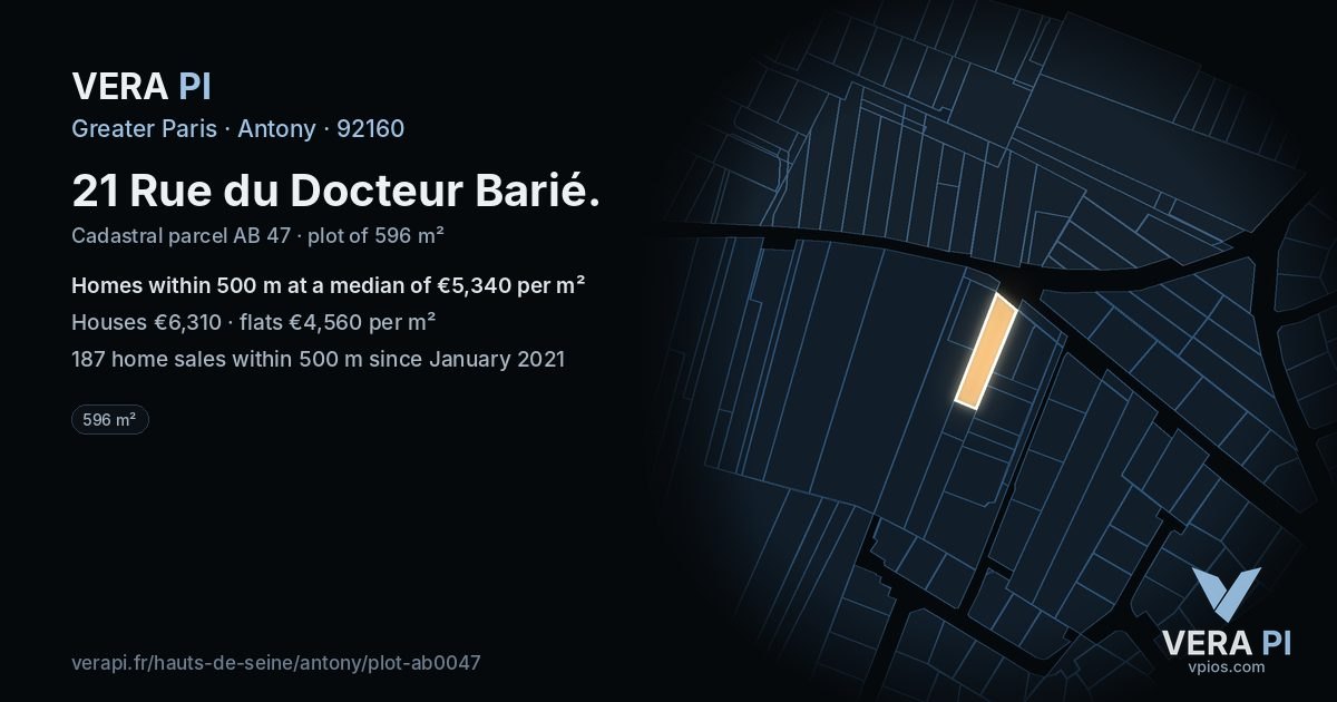 21 Rue du Docteur Barié, Antony at night – the plot lit, the parcels around coloured by the prices near them