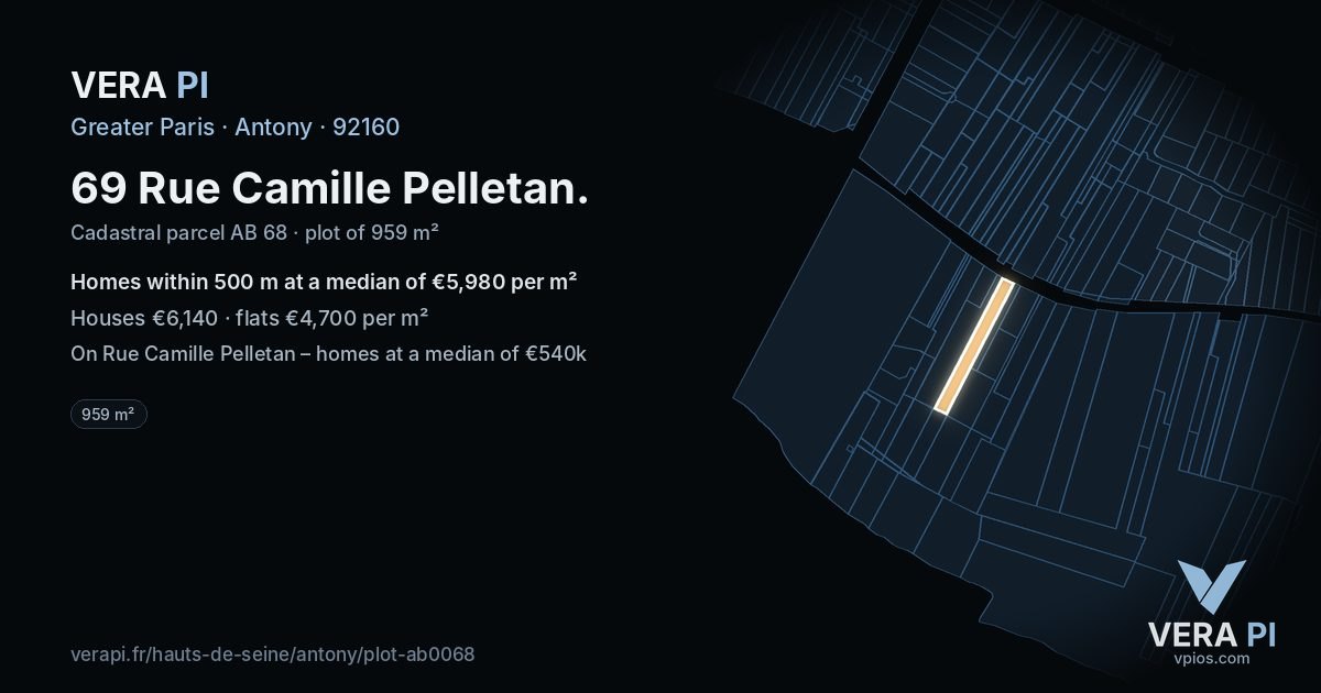 69 Rue Camille Pelletan, Antony at night – the plot lit, the parcels around coloured by the prices near them