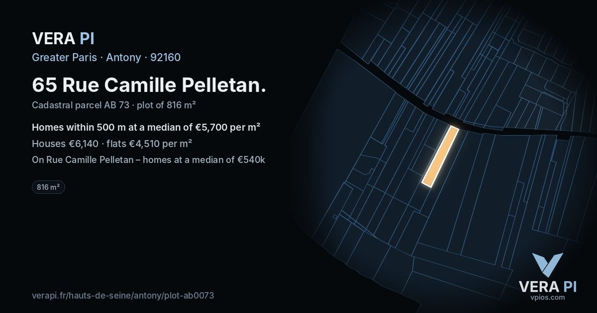 65 Rue Camille Pelletan, Antony at night – the plot lit, the parcels around coloured by the prices near them