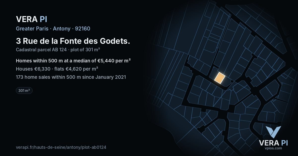 3 Rue de la Fonte des Godets, Antony at night – the plot lit, the parcels around coloured by the prices near them